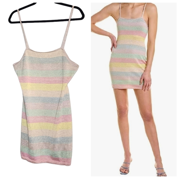 LOVESHACKFANCY Lessie pastel metallic stripe knit stretch mini dress XL new - Picture 1 of 14
